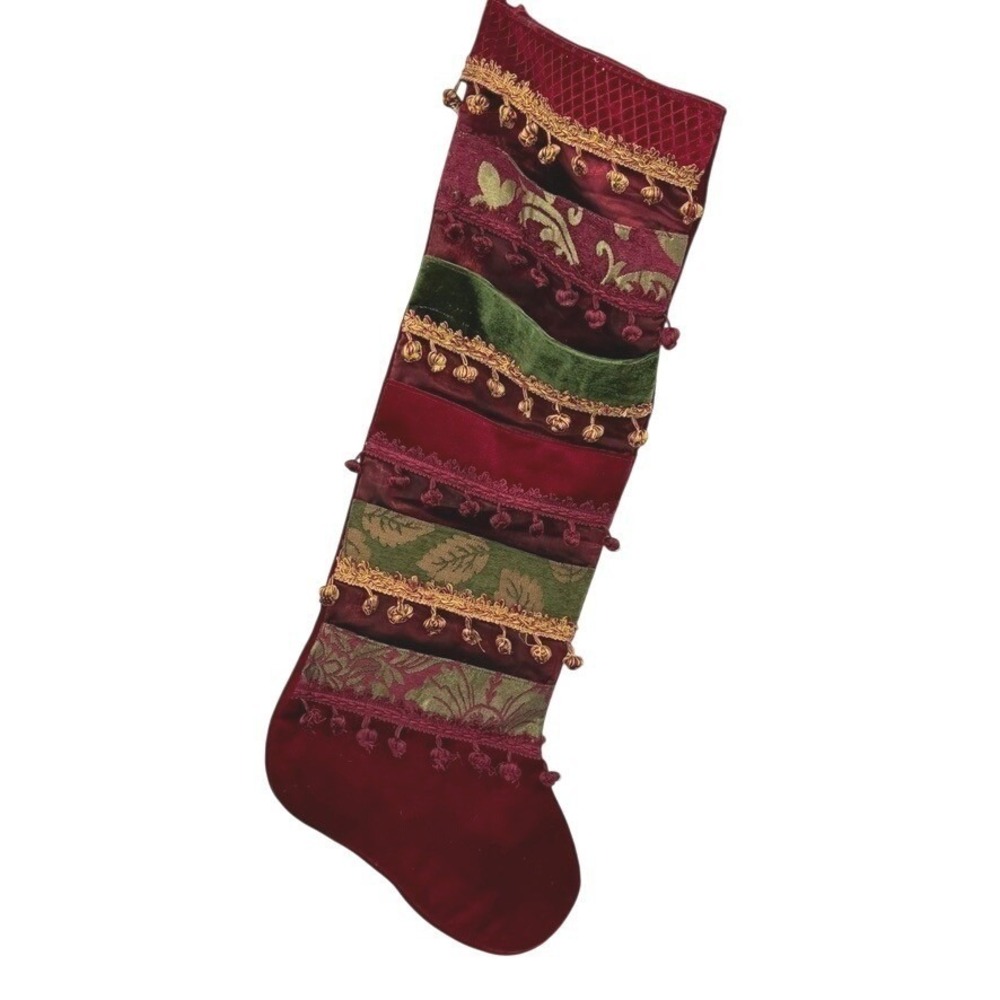Jumbo Christmas Stocking Velvet Brocade Giant 33" 5 Pockets Tassels Card Holder